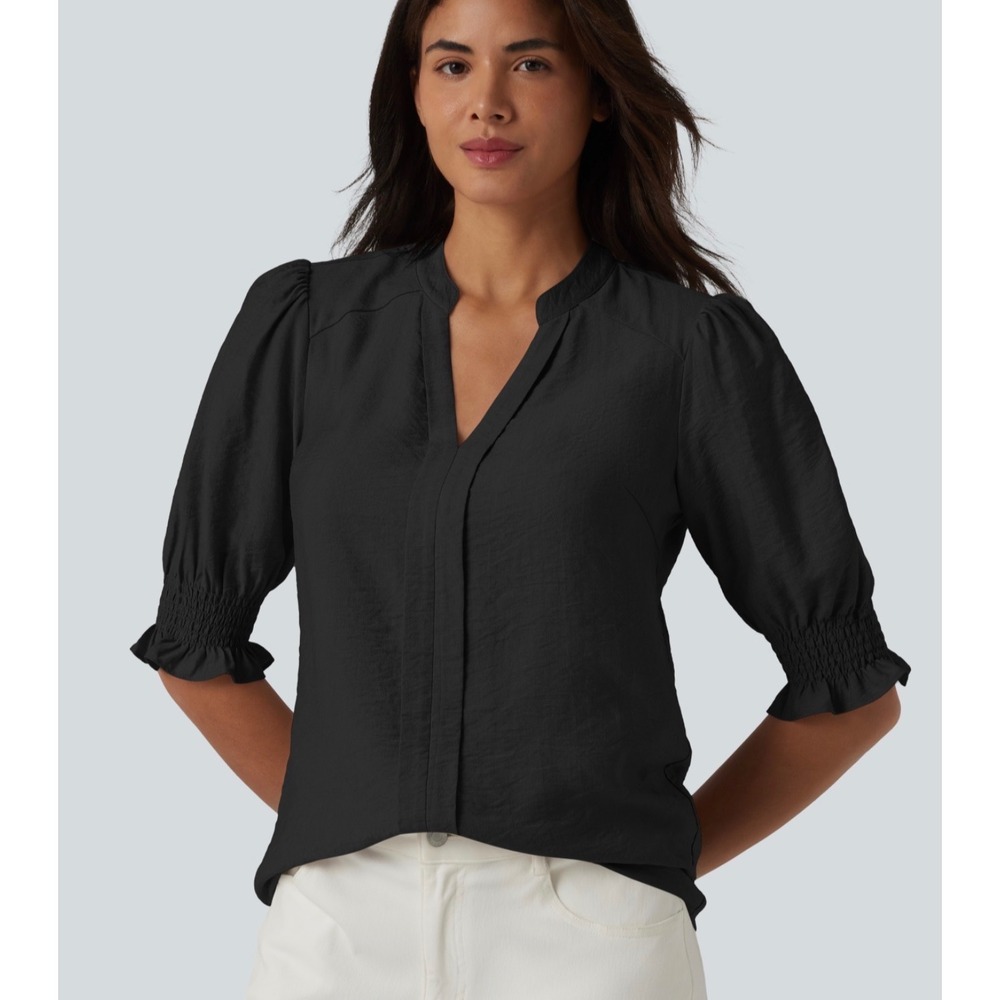 Halara Women Black V Neck Puff Short Sleeve Casual Blouse Smocked Ruffle Top